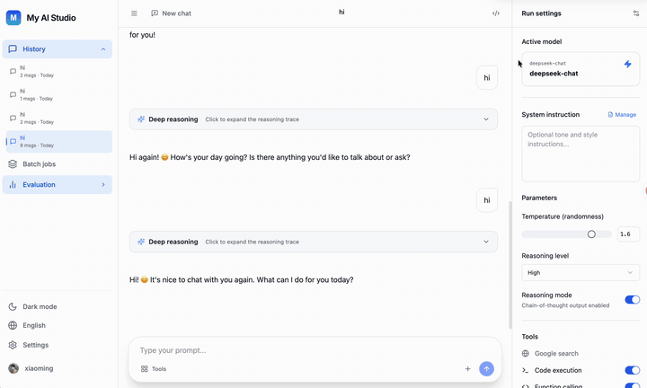 My AI Studio — streaming chat session